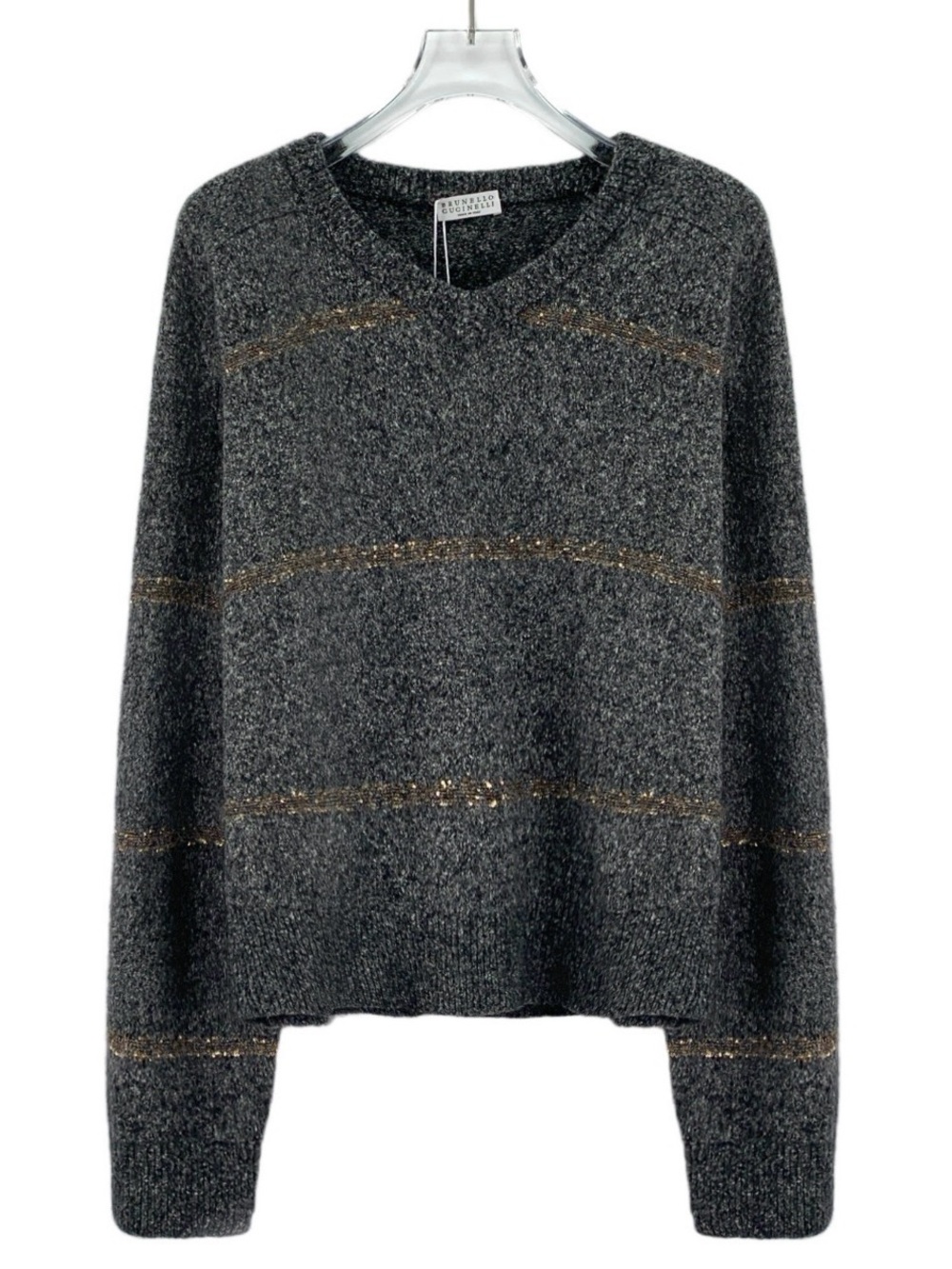 Brunello Cucinelli Charcoal Crewneck Sweater with Gold Stripes Alpaca